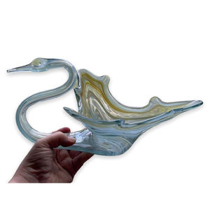 Vintage Art Glass Swan Bowl Hand Blown Blue Green 12" Dish Mid Century Mod